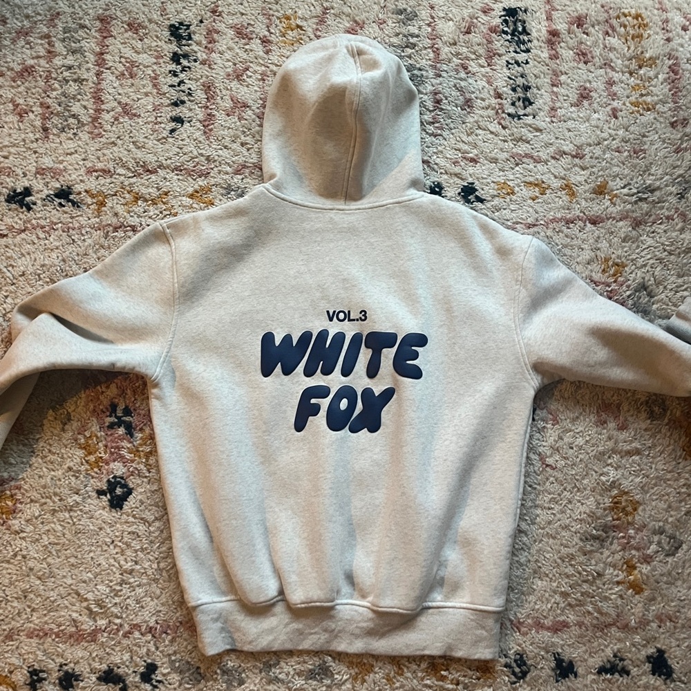 White Fox Hoodie in White with Navy Lettering